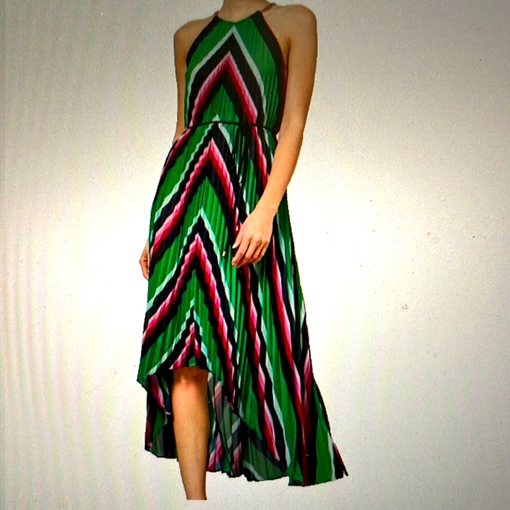 Ted Baker Shannah Stripe Pleated Rose Chain High Neck Hi-Low Maxi Dress 2/US 6